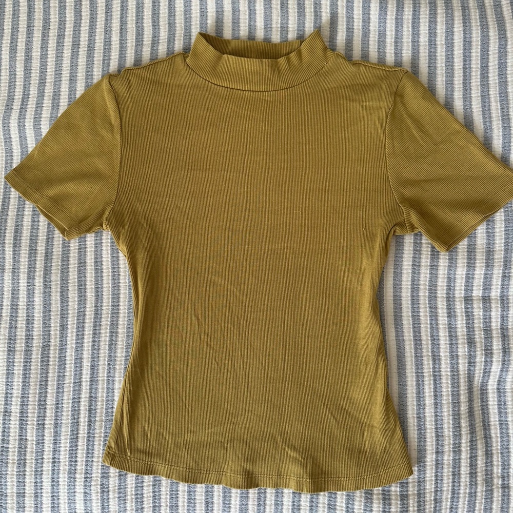 Anthropologie Mustard Short Sleeve Mock Neck Top